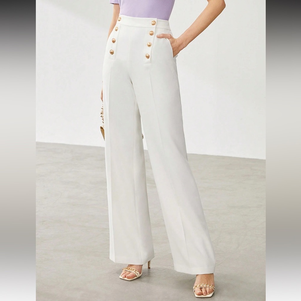 High Waist White Wide Leg Sailor Dress Pants Brass Buttons XS - Picture 12 of 16